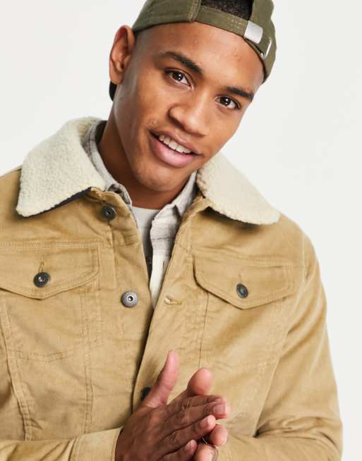 Jack Jones Intelligence borg lined cord jacket in beige