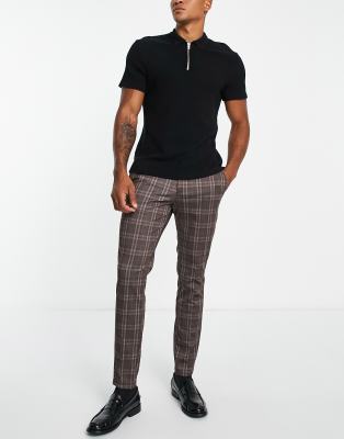 Jack & Jones Intelligence – Brązowe eleganckie spodnie z dżerseju o dopasowanym kroju w kratę 