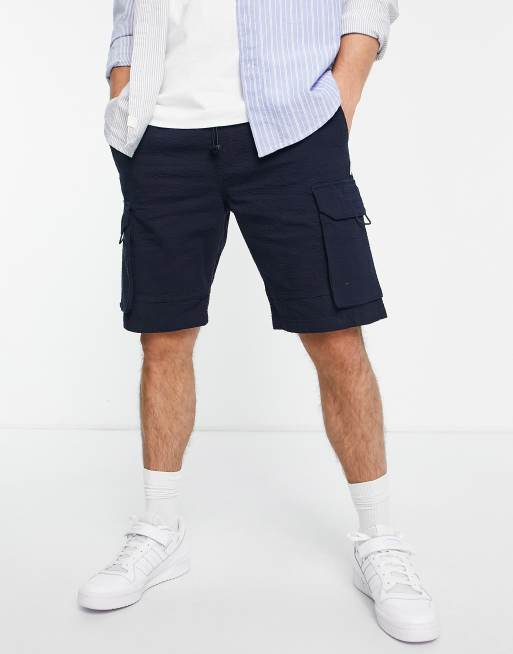 Jack & Jones Intelligence - Cargoshort van seersucker met trekkoord in marineblauw , 3 van 4