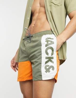 Jack & Jones Intelligence colour block swim short in khaki - ASOS Price Checker