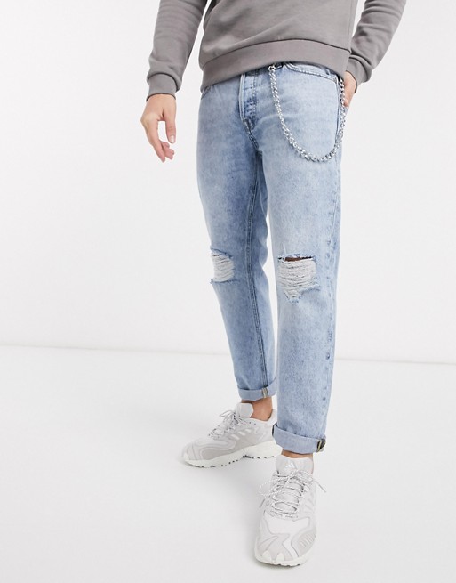 Jack & Jones Intelligence comfort fit chain detail ripped jeans in acid wash
