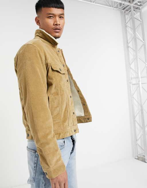 Jack Jones Intelligence corduroy jacket with borg collar in beige