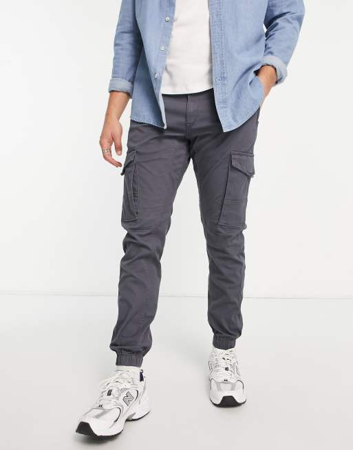 Jack & Jones Intelligence cotton cuffed cargo pants in grey blue