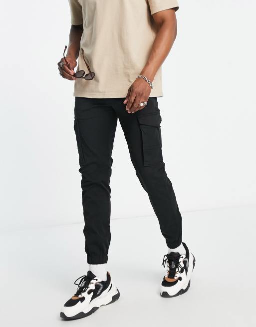 Jack & Jones Intelligence cuffed cargo pants in black 