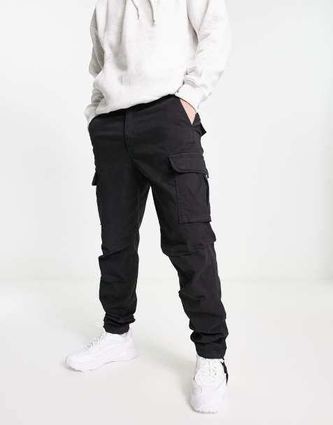 Jack & Jones Intelligence tapered fit washed cargo trouser in black  