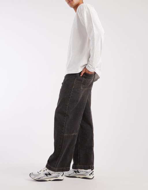 Jack & Jones Intelligence - Dave - Jeans a fondo ampio nero slavato con cuciture a vista, 2 di 5