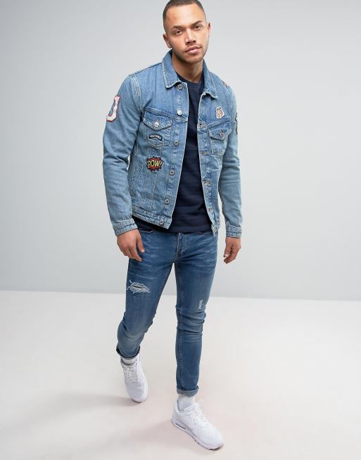 ASOS Denim Jacket With Patches & Borg Collar In Blue Wash