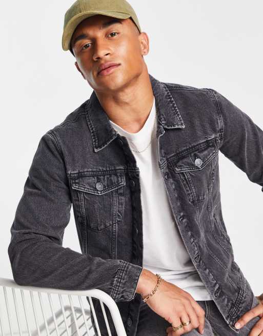 Washed black denim jacket mens sale