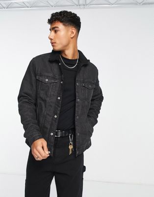 Jack & Jones Intelligence denim jacket with borg collar in black