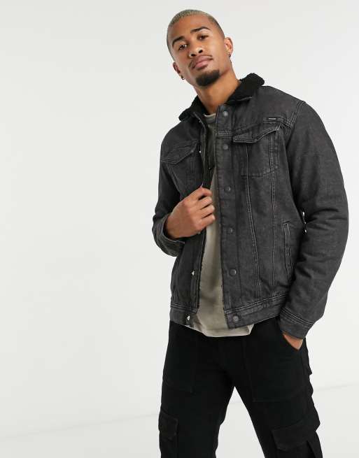 Jack Jones Intelligence denim jacket with borg in black