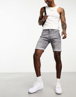 Jack & Jones Intelligence denim shorts in slim fit with rips in grey
