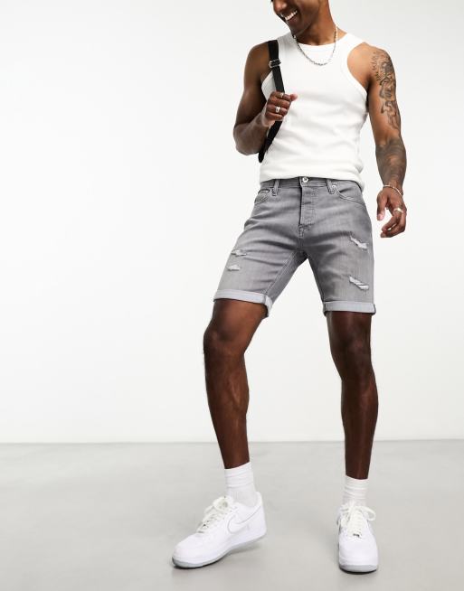 Jack & Jones Intelligence denim shorts in slim fit with rips in grey | ASOS