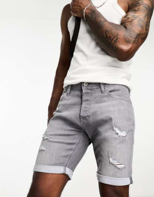 Jack Jones Intelligence denim shorts in slim fit with rips in grey