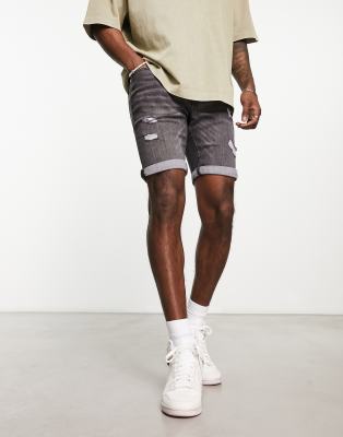 Jack & Jones Intelligence - Denimshorts med stretch og sliddetaljer i vasket sort i slim fit 