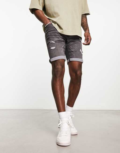 Jack & Jones Intelligence – Dopasowane szorty jeansowe w spranym czarnym kolorze ze stretchem i przetarciami 