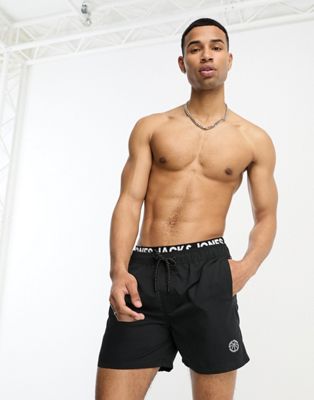 Jack & Jones Intelligence double waistband swim shorts in black  - ASOS Price Checker