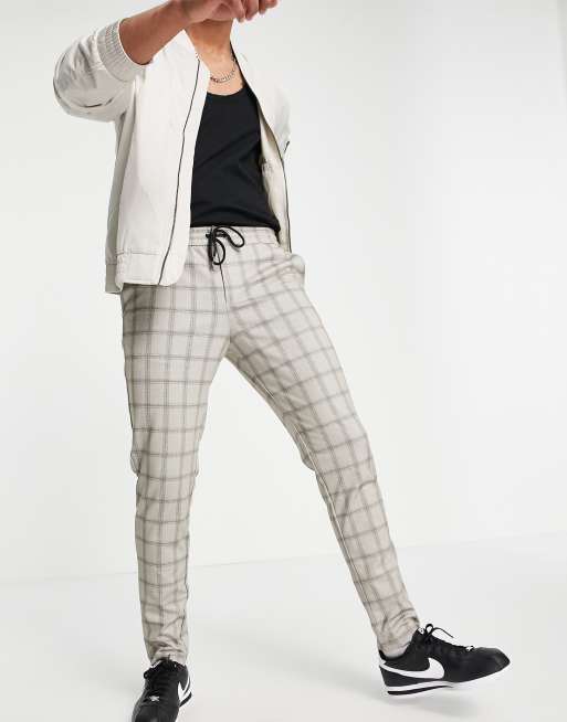 Jack & Jones Intelligence drawstring jersey trouser in beige check ASOS