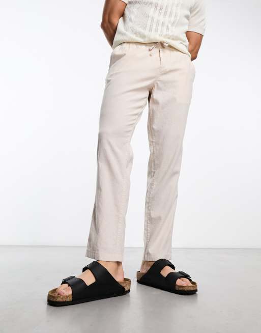 Jack & Jones Intelligence drawstring linen mix pants in cream