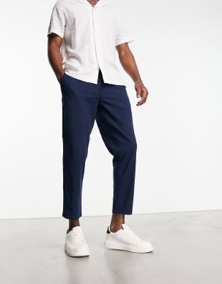 Jack & Jones Intelligence Drawstring Linen Mix Pants In Navy