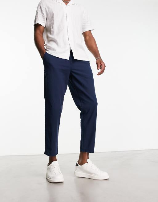Jack & Jones Intelligence drawstring linen mix pants in navy