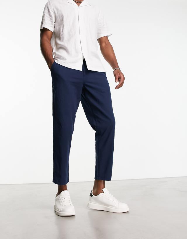 Jack & Jones - intelligence drawstring linen mix trouser in navy