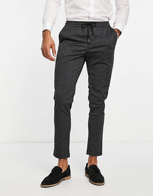 Jack & Jones Intelligence drawstring trousers in charcoal check