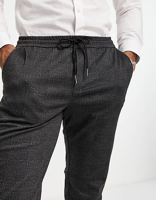  Jack & Jones Intelligence drawstring trousers in charcoal check 