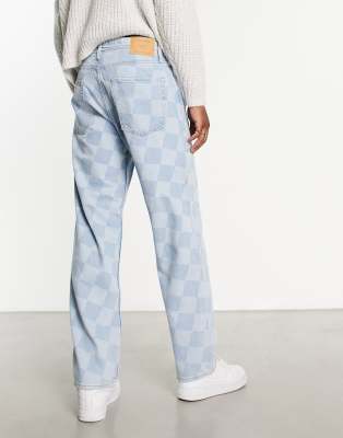 Jack u0026 Jones Intelligence Eddie baggy fit jeans in light wash checkerboard