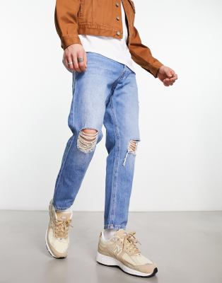 Jack & Jones Intelligence frank tapered cropped jean in stone blue wash with rips  - ASOS Price Checker