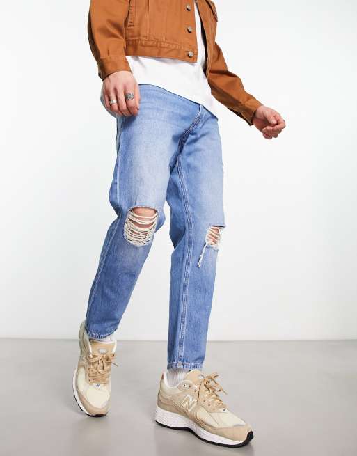 DTT rigid tapered fit ripped jeans in mid blue