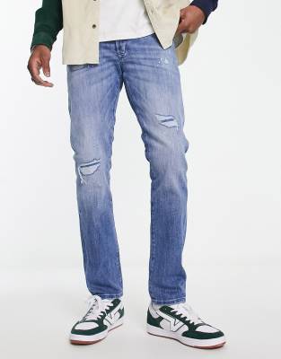 Jack & Jones Intelligence - Glenn - Jean coupe slim avec effet déchiré et raccommodé - Bleu clair délavé 