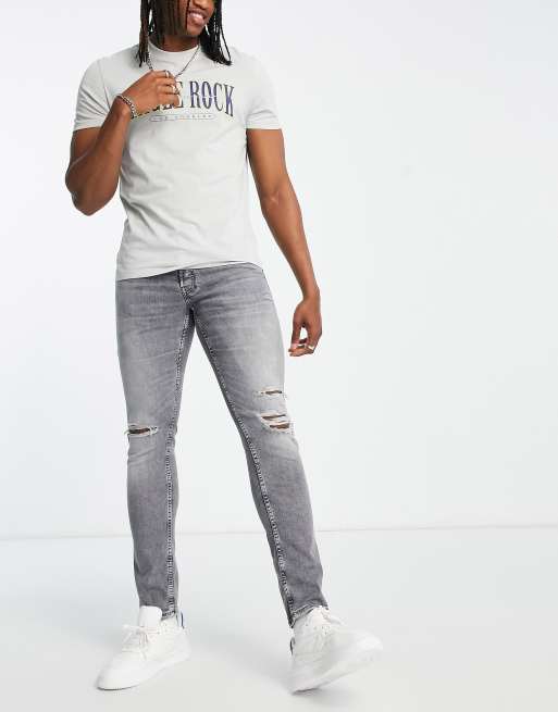 Jack & Jones Intelligence - Glenn - Jean slim à déchirures - Gris