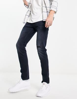 Jack & Jones Intelligence Glenn slim fit super stretch jeans with rips in blue black - ASOS Price Checker