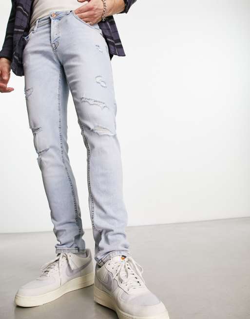 Jack & Jones Intelligence - Glenn - Jeans med sliddetaljer i lyseblå vask i slim fit 