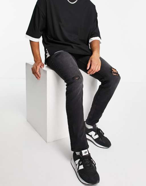 Jack & Jones Intelligence Glenn slim fit jeans with rips in black