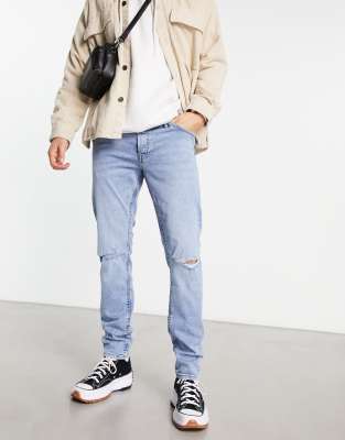 Jack & Jones Intelligence Glenn Slim Fit Super Stretch Jean With Rips In Light Wash Blue