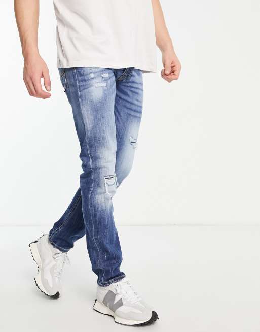 Jack & Jones Intelligence - Glenn - Smalle jeans med flænger i mørkeblå