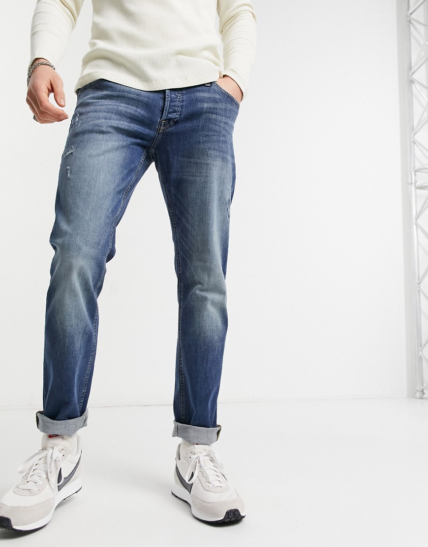 Jack & Jones Intelligence - Glenn - Smalle jeans met slijtageplekken in donkerblauw