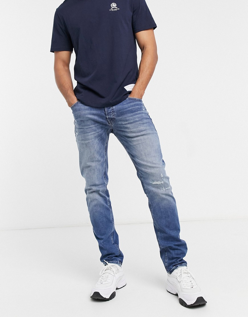 Jack & Jones Intelligence - Glenn - Smalle superstretch jeans met slijtageplekken in midwash blauw