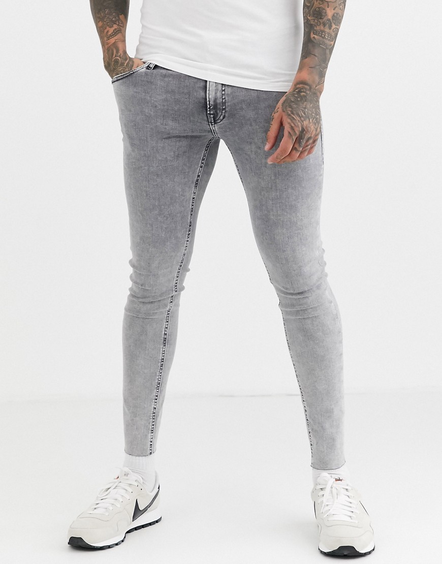 Jack & Jones Intelligence – Grå stentvättade skinny jeans med råskuren fåll