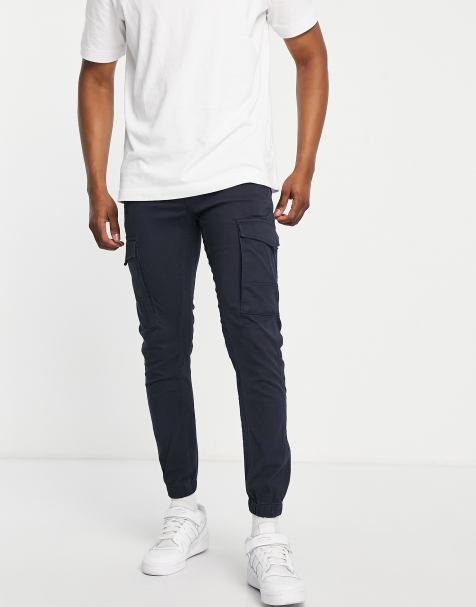 Jack & Jones Intelligence slim fit cargos with cuff in navy 