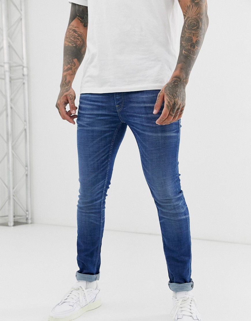 Jack & Jones Intelligence - Jeans skinny lavaggio medio con baffature-Blu