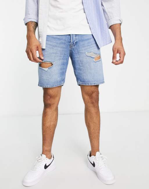Jack & Jones Intelligence – Jeansshorts in Hellblau mit lockerem Schnitt und Zierrissen