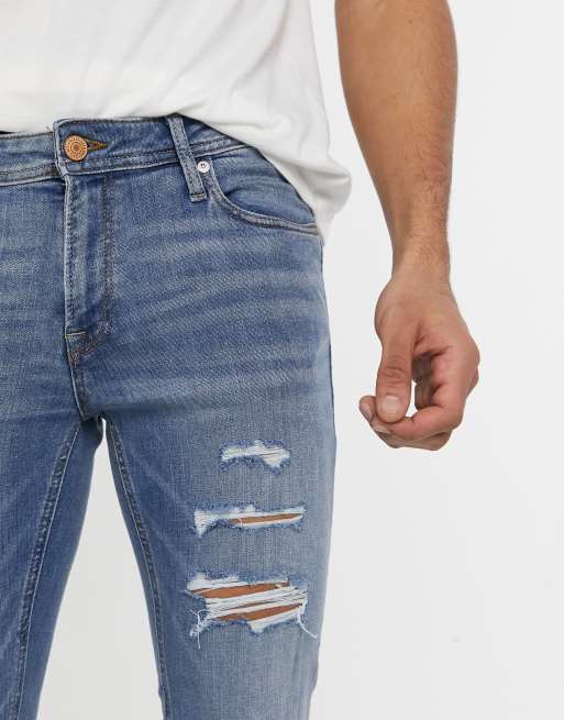 Jack & Jones Intelligence – Liam – Enge Jeans mit Zierrissen in Blau, 3 von 4