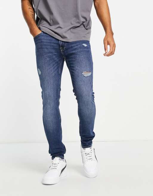 Jack & Jones Intelligence – Liam – Niebieskie obcisłe jeansy z przetarciami
