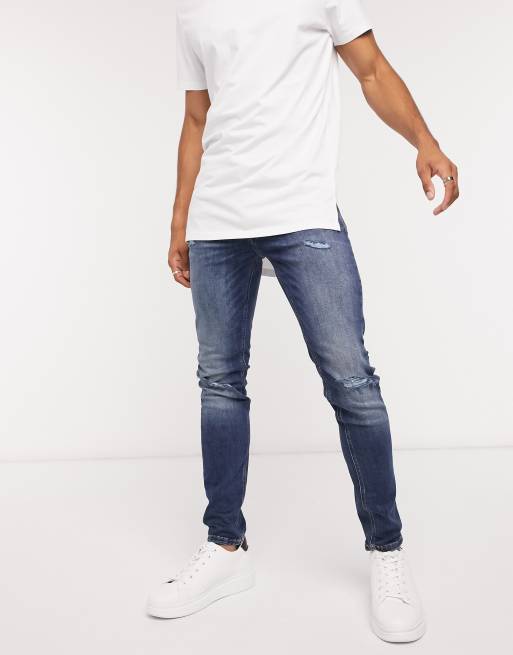 Jack & Jones Intelligence Liam skinny fit jeans with rips in mid blue