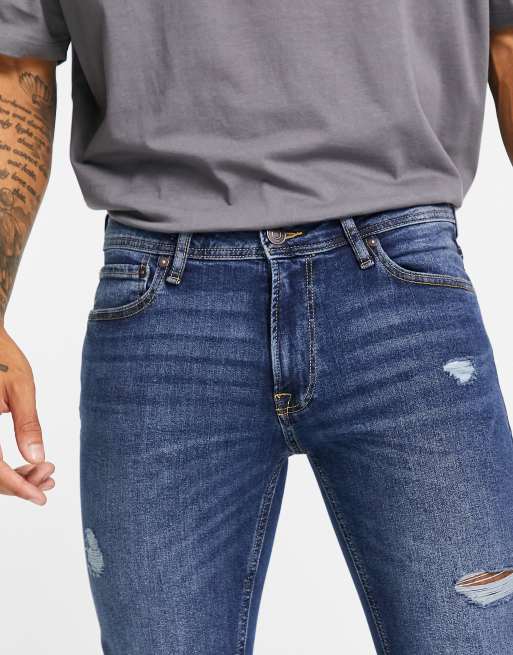 Jack Jones Intelligence Liam skinny jeans with abrasions in blue