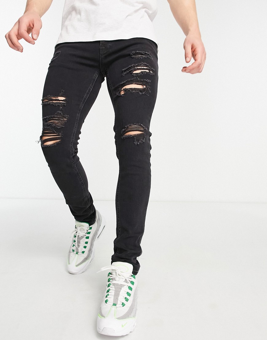 jack & jones intelligence - liam - svarta slitna jeans i skinny passform-svart/a