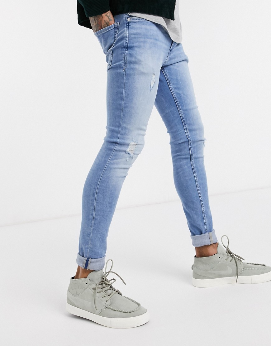 Jack & Jones Intelligence – Ljusblå, slitna skinny jeans med spray on-passform och superstretch