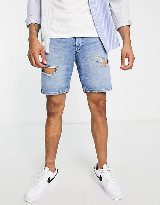 Jack & Jones Intelligence loose fit denim shorts with rips in light blue |  ASOS